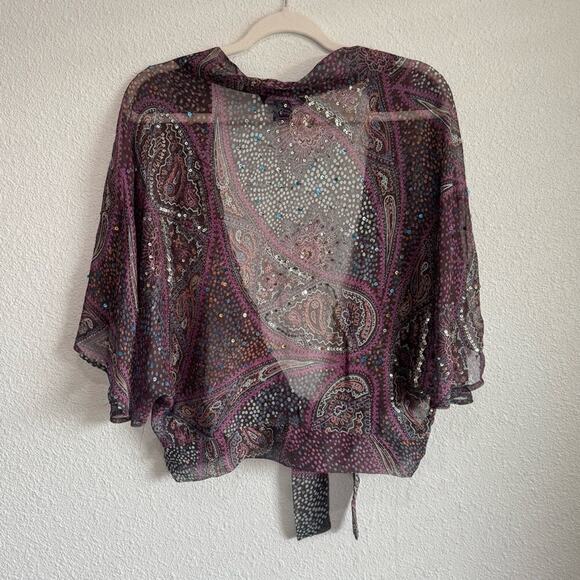 Y2K VTG Frech Connection 100% Silk Sequin Front Tie Blouse Festival Boho Sheer - Picture 6 of 11
